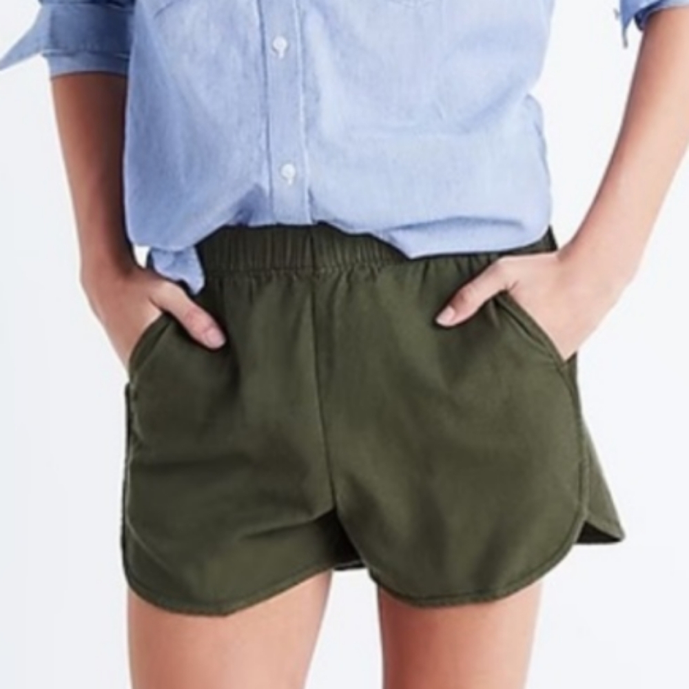 Madewell Pull-On Elastic High Waist Cotton 3" Shorts Army Green Small Pockets